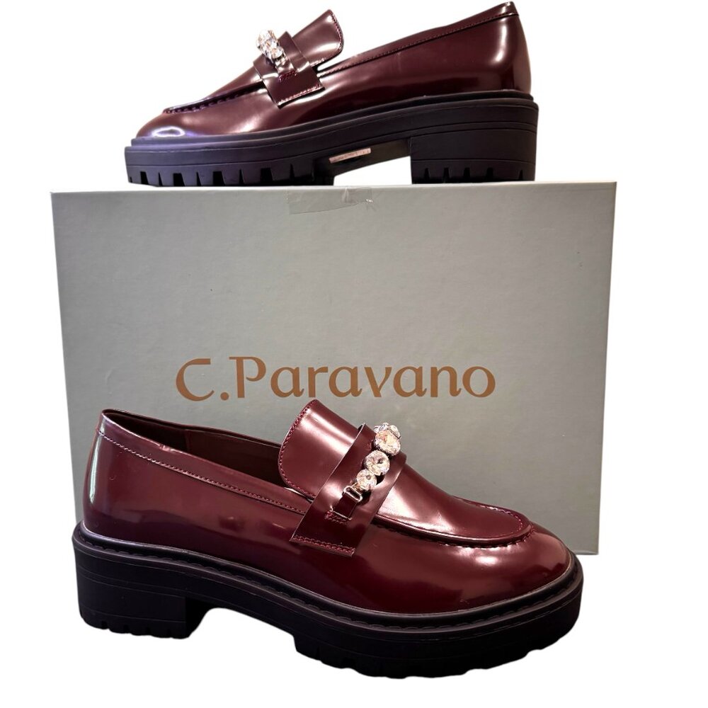 C. Paravano Chunky Crystal Dark Red Loafers Size 7